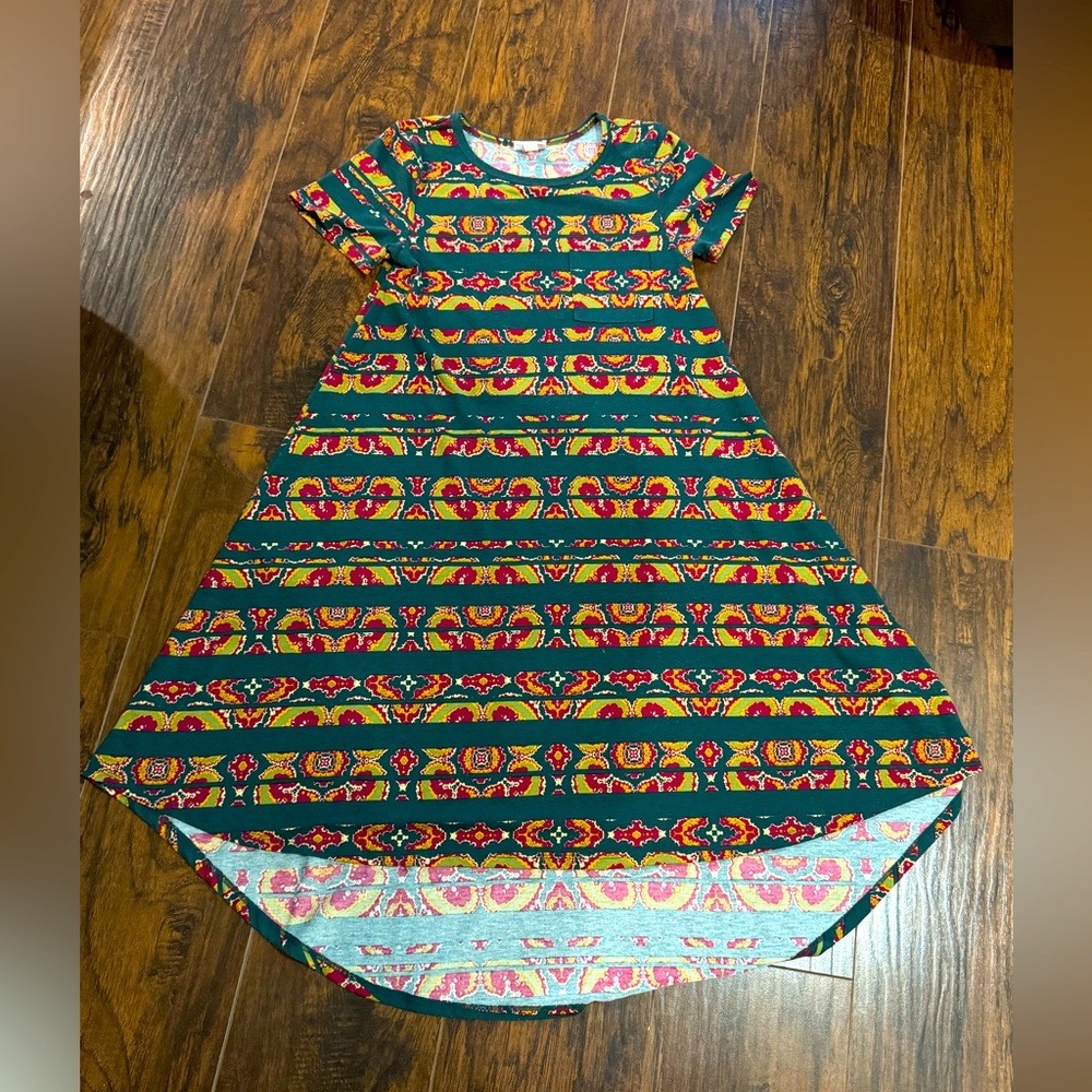 LuLaRoe " Carly" style dress. Shorter in front, longer in back. Aqua color.